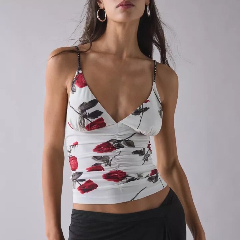 UO Helly Ruched Plunging Rhinestone Strap Tank Top